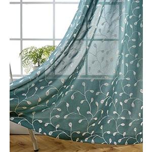 MIUCO Floral Embroidered Semi-Sheer Curtains Faux Linen Grommet Curtains for Living Room 52 x 84 Inch 2 Panels Set, Teal