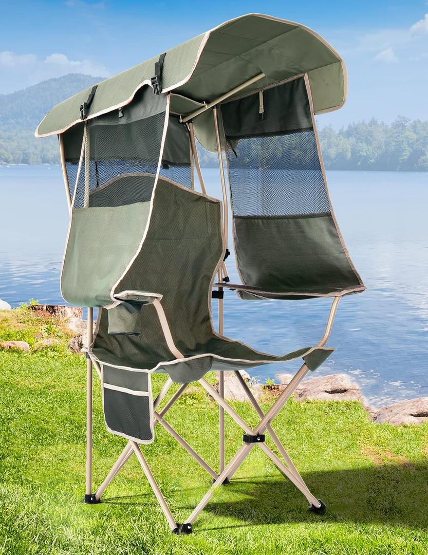 Docusvect Folding Camping Chair with Shade Canopy for Adults, Canopy Chair for Outdoors Sports with Cup Holder, Side Pocket for Camp, Beach, Tailgates, Fishing - Support 330 LBS, Adult Size