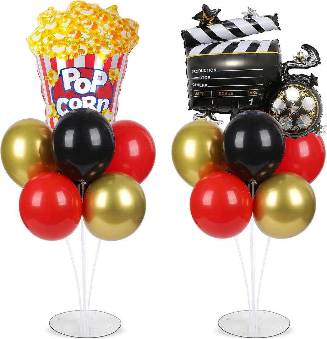 Movie Night Party Balloons Stand Kit 2 Sets with 2 Popcorn Clapboard Foil Balloons Black Red Gold Party Balloon Centerpiece for Tables for Birthday Camera Film Movie Party Decoration