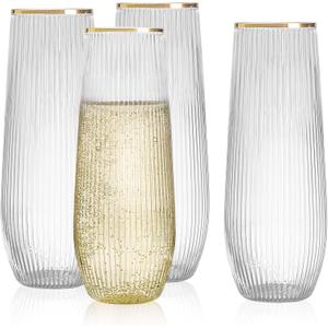 HOMIP 36pcs Plastic Champagne Flutes with Gold Rim - 9oz BPA-free Disposable Champagne Glasses, Ribbed Ripple Design for Weddings, Parties, Bars & Events (Stemless, Durable)