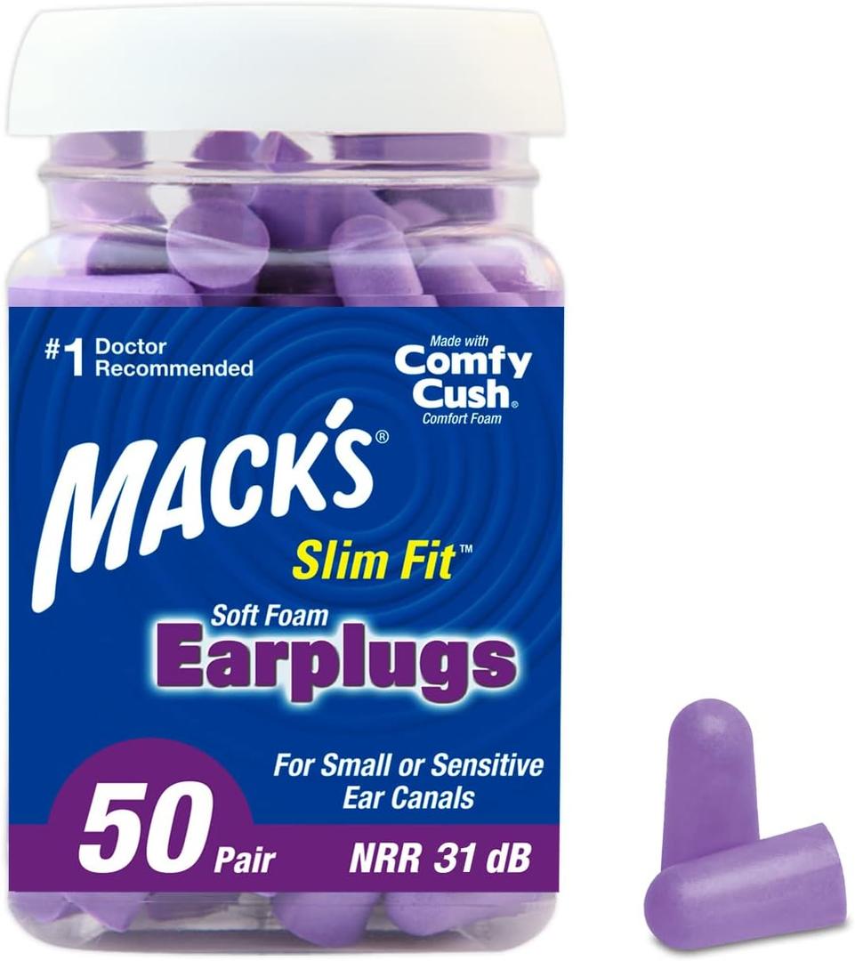 Mack's Slim Fit Soft Foam Earplugs, 50 Pair - Small Ear Plugs for Sleeping, Snoring, Traveling, Concerts, Shooting Sports & Power Tools | Made in USA