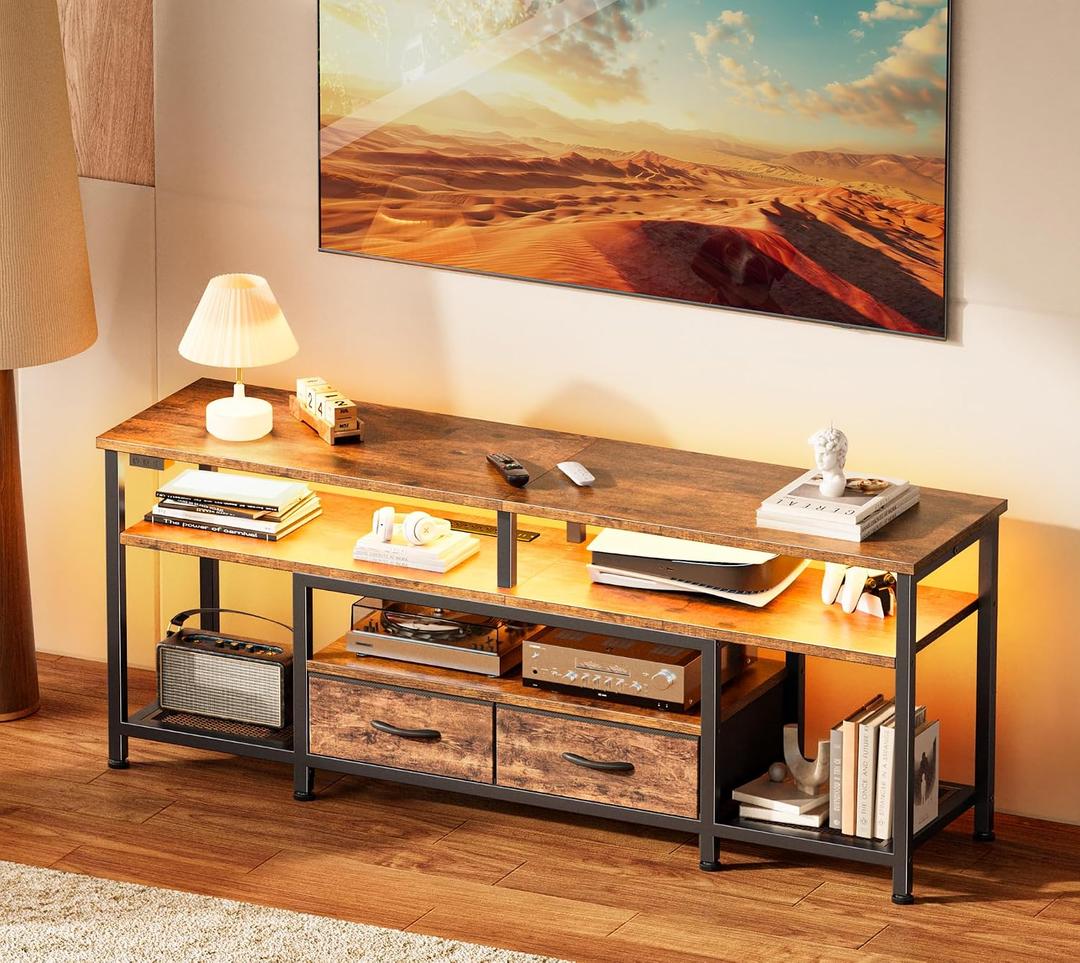 Huuger TV Stand for 55 60 Inch TV, Entertainment Center with Power Outlets and LED Lights, 54 Inch TV Console for Living Room, Media Console with Drawers and Shelves, Rustic Brown, 8778FC