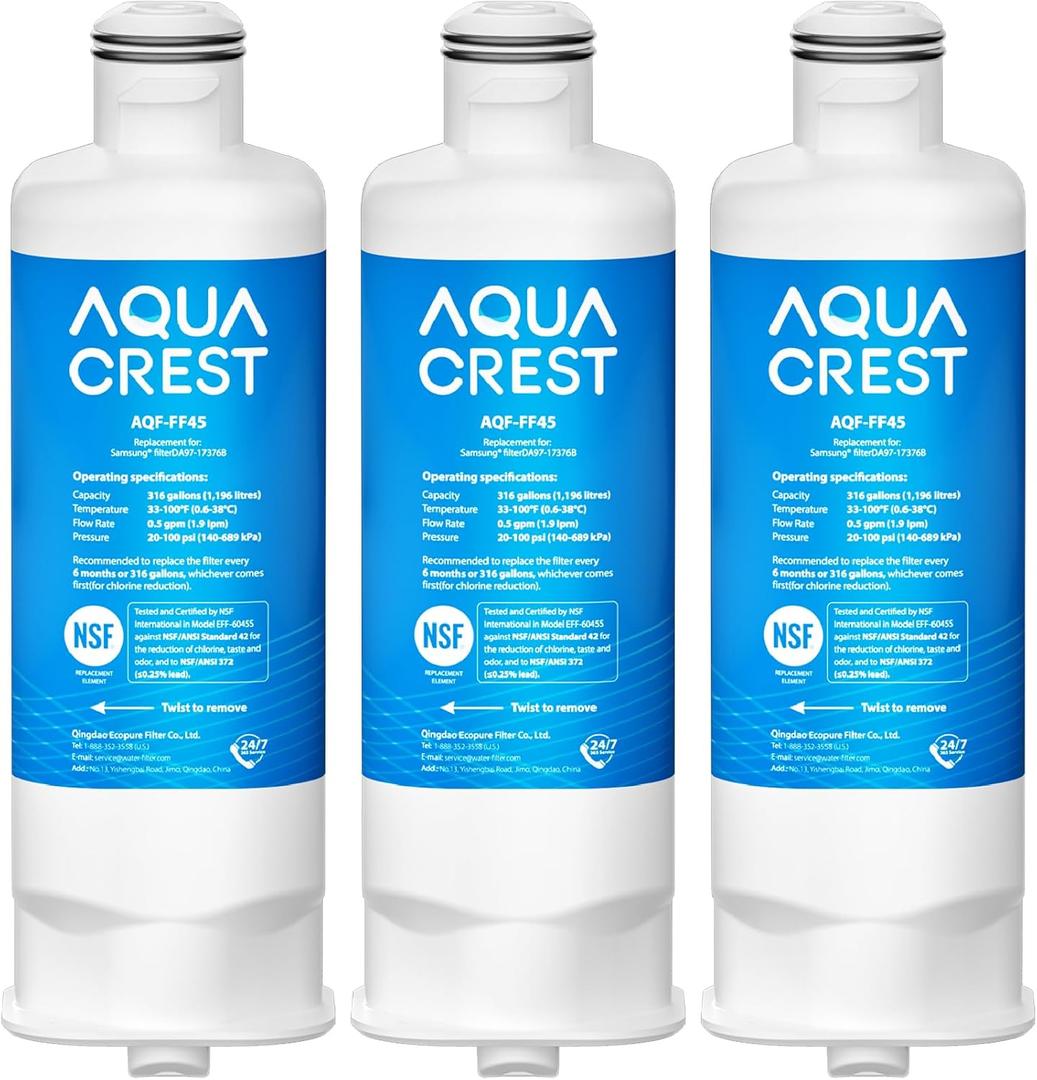 AQUA CREST AQF-FF45 Replacement for Samsung DA97-17376B, DA97-08006C, HAF-QIN/EXP, RS27T5200SR, RF28T5001SR, RF24R7201SR, RF28R6201SR, Refrigerator Water Filter, 3 Pack