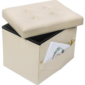 Bsketa Storage Ottoman Foot Rest Stool, Small Leather Storage Ottomans Bench, Folding Footstool with Side Pockets, Foot Rest Under Desk for Living Room Bedroom, 17x13x13 in, Beige