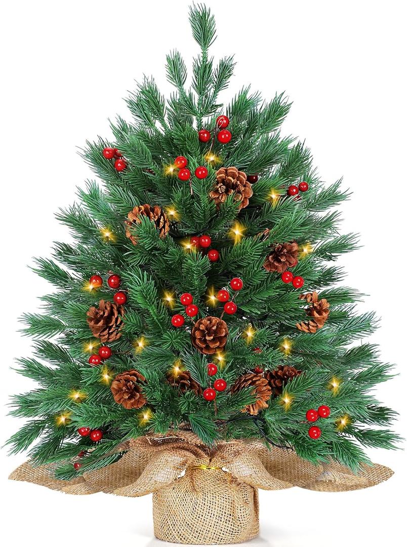 24 Inch Tabletop Christmas Tree with 50 Warm Lights Timer, Tabletop Pre-lit Small Christmas Tree Battery Operated Warm Lights 30 Red Berries 10 Pine Cones Burlap Base Xmas Decor Indoor