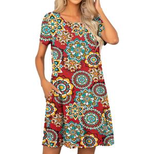 levaca Women's Short Sleeve Loose Summer Beach Casual Dress (X-Large, Hz600 Mandala)