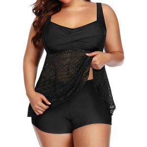 Aqua Eve Women Plus Size Tankini Swimsuit Two Piece Flowy Swimdress Bathing Suits with Shorts (Black Mesh)