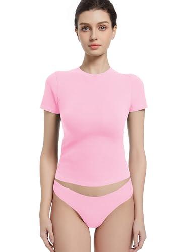 Abonlen Crewneck Short Sleeve T Shirts for Women Fitted Basic TeesY2k Going Out Tops (-Large, Cherry Blossom)