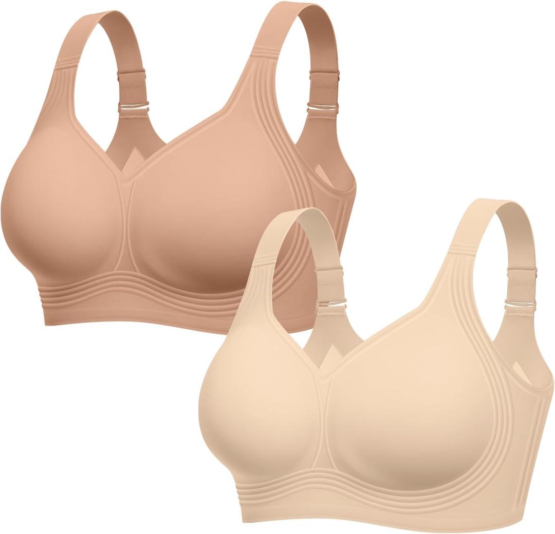 LetsJoli Bras for Women Supportive Wireless Push Up Bra Full Coverage No Underwire Seamless Plus Size for Older Women (3X-Large, Sand+nude)