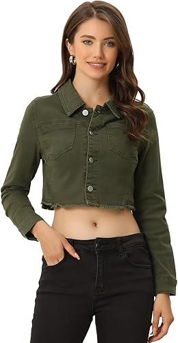 Allegra K Women's Jean Jacket Frayed Button Up Washed Cropped Denim Jacket, Olive Green, Medium