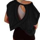 Women Short Sleeve Workout Shirts Open Back Tops Casual Yoga Y2k Athletic Gym Slouchy Crop Running Tees (Medium, Black)