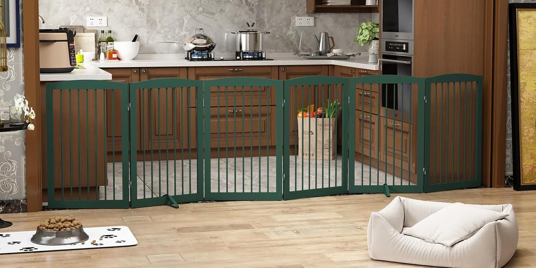 PUPETPO Freestanding Pet Gate for Dogs, Foldable Wooden Dog Gate for House, Extra Wide Indoor Pet Barrier for Stair, Doorway, Hall, Support Feet Included, 120 Inch Wide, 6 Panels 24",Green