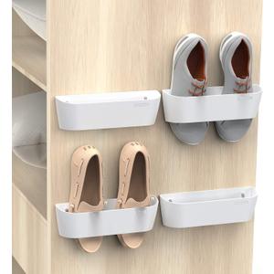 Wall Mounted Shoes Rack 4Pack with Sticky Hanging Strips, Plastic Shoes Holder Storage Organizer,Door Shoe Hangers (SM03-White-4)