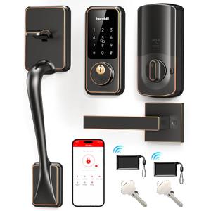 Front Door Lock Set Keyless Entry, Hornbill Smart Deadbolt Lock with Handle, Smart App Control, Electronic Keypad, Bluetooth Password KeyFobs Mechanical Key Unlocking, Oil Rubbed Bronze