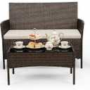 4 Piece Patio Furniture Set, Outdoor Deck Rattan Chair Wicker Combo Furniture, All Weather Dialogue Rattan Sofa with Upholstery and Glass Table for Garden, Backyard, Porch, Lawn, Pool, Brown+White