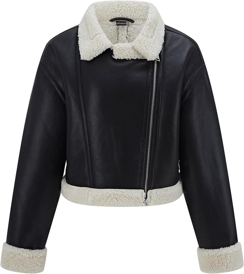 Faux Fur Leather Jacket Women Sherpa Lined Shearing Coat | thick sherpa fur lined,turn down collar,zip front,fur trim pockets,warm winter outerwear,women moto faux leather coat (Black, S)