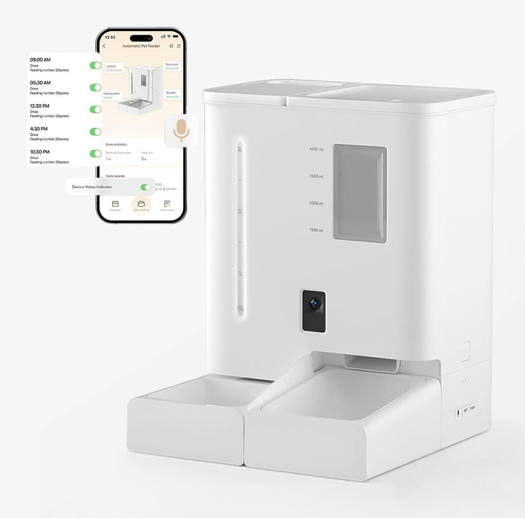 Automatic Cat Feeder with Camera, 2K HD Video and Night Vision 5G/2.4GHz WiFi with App Operation, Feeder&Waterer 2-in-1 Set, 299 oz Capacity for 2 Weeks, Detachable for Cleaning