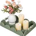 CubesLand Rectangular Scalloped Decorative Centerpiece Tray for Coffee Table, Home Decor, Living Room - Green Tray w/Wooden Handle  Warm and Elegant for Holidays, Housewarmings - Candle Plate Holder (15.7" x 11.4" x 2.8")