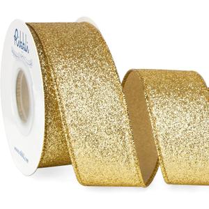 Ribbli Gold Glitter Wired Ribbon,Gold with Metallic Edge,Christmas Ribbon for Wreath, Christmas Tree Decoration, Gift Wrapping,Home Decor, 1-1/2 Inch x 10 Yards
