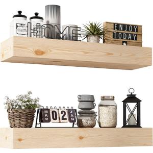 Wall Floating Shelves, Rustic Wood Shelf for Wall Mounted - Wooden Handmade Shelves for Bathroom Kitchen Livingroom - No Stain - DIY(Unfinished, 24 Inch - 2 Pack)