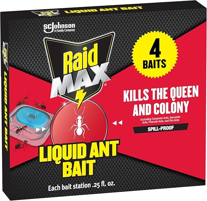 Raid Max Liquid Ant Bait; Kills Ants Where They Breed, for Indoor and Outdoor Use; 4 Bait Stations And Febreze Car Air Freshener Vent Clip Platinum Ice Scent, .07 oz. Car Vent Clip, 1 Count And Scotch Packaging Tape 1.88in x 800in And Scotch Magic Ta