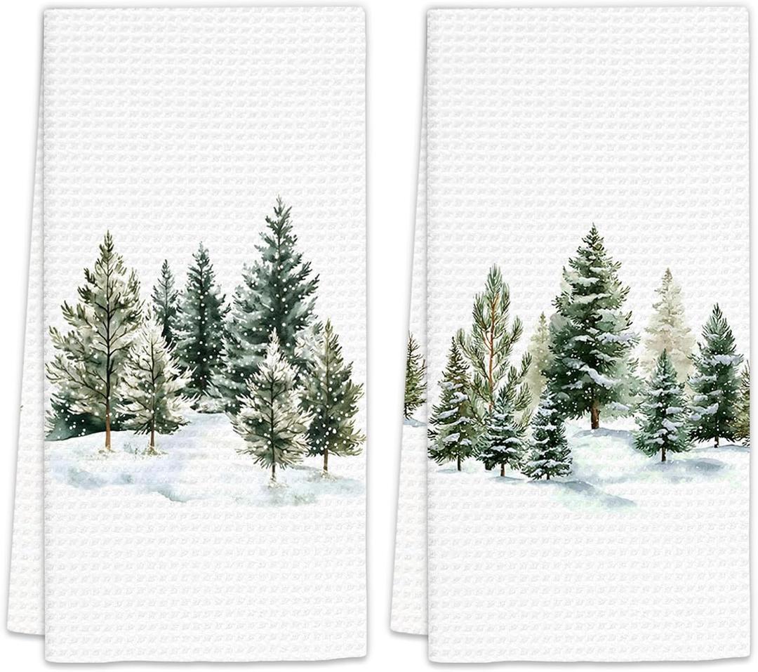 Christmas Winter Kitchen Towels Set of 2, Winter Christmas Pine Tree Decor Dish Towels, Xmas Pine Forest Decorative Hand Towels for Bathroom Kitchen, Christmas Trees Bathroom Decor(16x24 Inch)