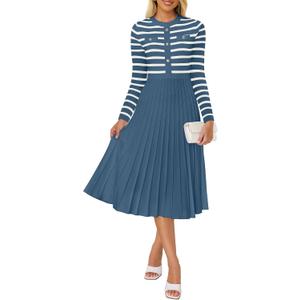 ZESICA Womens Long Sleeve Striped Midi Dresses Crewneck Button Ribbed Knit Pleated A Line Swing Sweater Dress (M)