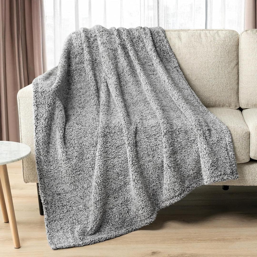 PAVILIA Sherpa Throw Blanket for Couch Sofa, Heather Grey Fluffy Warm Plush Blanket for Twin Bed, Cozy Super Soft Lightweight Throw, Fuzzy Decorative Blanket, All Season Home, 60x80