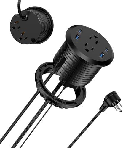 Jgstkcity Power Strip,Flush Mount Recessed Power Grommet,65W USB C Fast Charging,3-Inch Hole, 4 Outlets & 4 Ports, Ideal for Desktop & Countertop Outlet,Dual-Sided (Black, 10FT)