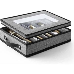 Flatware & Utensil Storage, Durable Silverware Storage Box with Padded Dividers, 5 Compartment Flatware Storage Case, Silverware Case with Handles, Protects and Organizes Cutlery, Grey