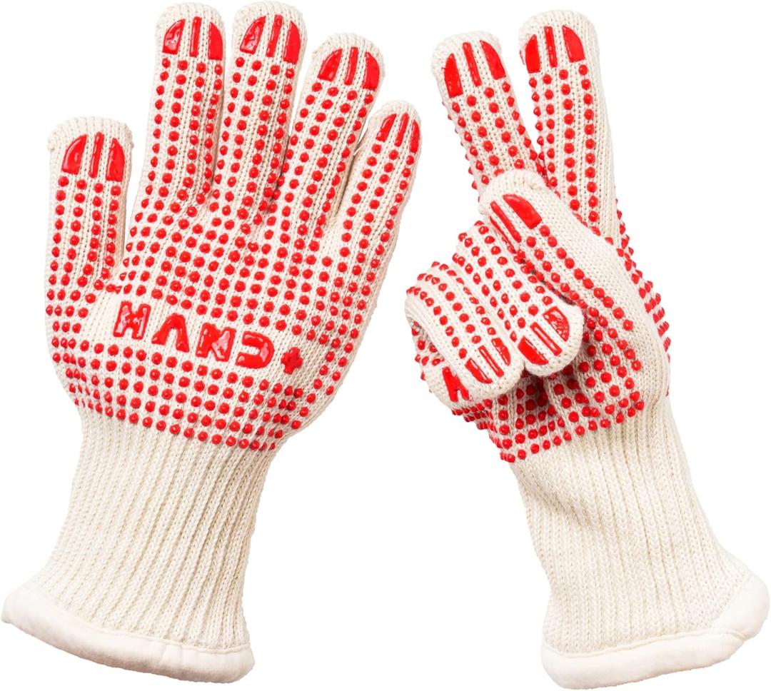 Hand+ Heat Resistant Oven Gloves (Size L/XL) 932F / 500C for BBQ Baking Cooking Smoker Fireplace Camping with Silicone Grip Thermo Dot Level 4 EN407 Certified