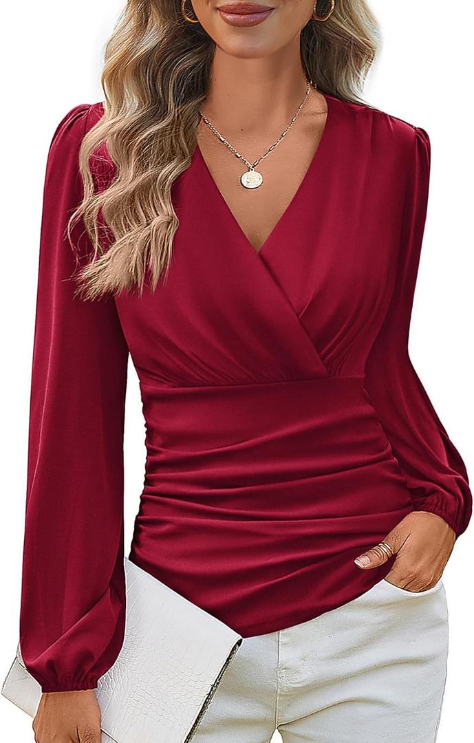 GRACE KARIN Long Sleeve Blouses for Women Dressy Casual, Wrap Tops Work Shirts, 2026 Spring Business Outfits (Medium, Red)