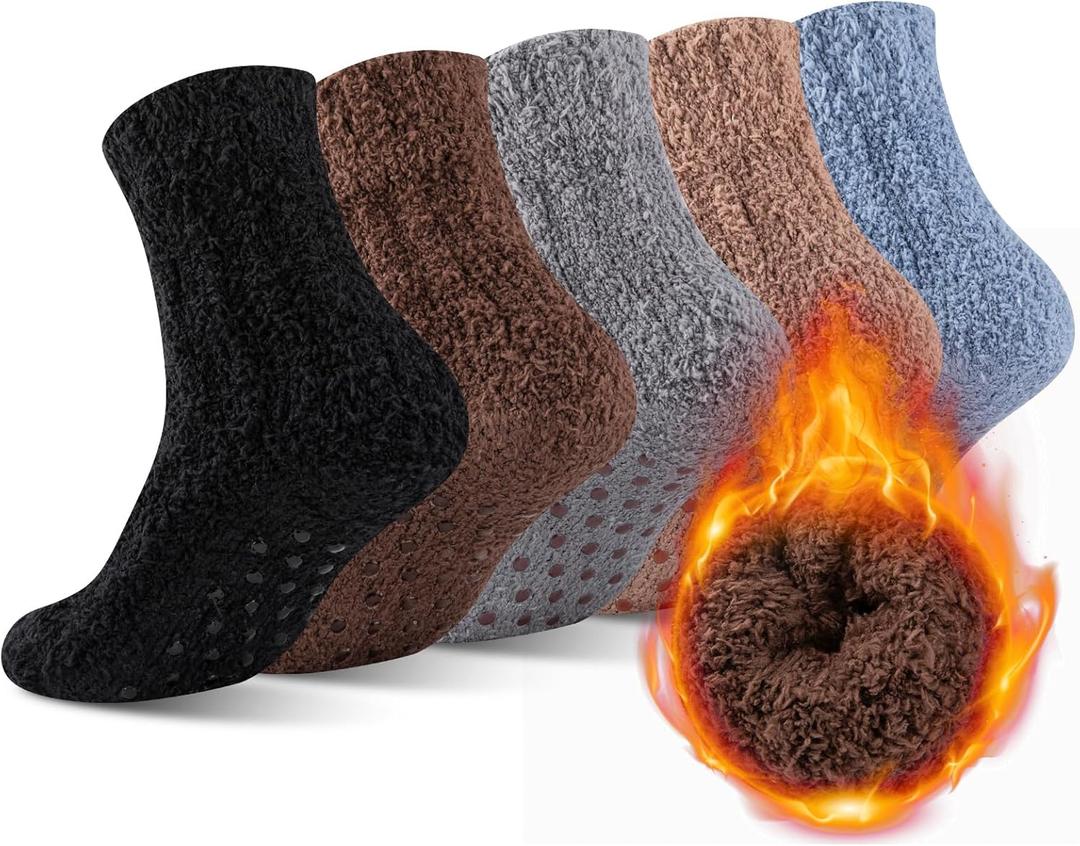 COOVAN Mens Fuzzy Socks Soft Cozy Slipper Fluffy Winter Warm Fleece Socks for Men Plush Sleeping 5 Pairs (Pattern3)