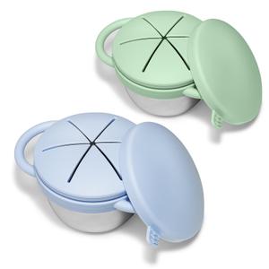 2 Pack Toddler Snack Cups, Baby Stainless Steel Snack Containers for Kids with Spill Proof Food Grade Silicone Lids & Handles 9 OZ No Spill Baby Snack Box for Mess-Free Snacking (Sage Green + Blue)