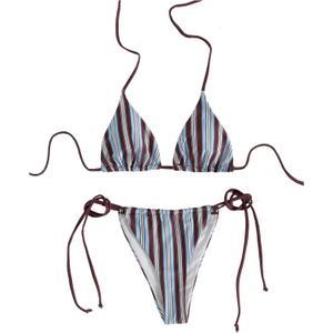 Milumia Women's 2 Piece Swimsuit Striped Halter Triangle Bikini Set Side Tie Bathing Suits (Large, Blue)