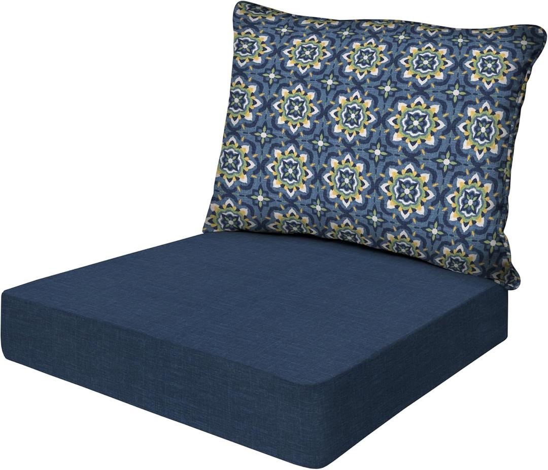 Honeycomb Outdoor Essentials Deep Seat, 24 x 24, Medina Medallion Blue Chair Cushion for Patio Furniture