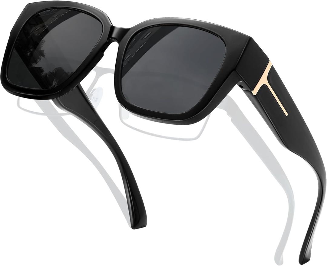 KANASTAL Oversized Over Glasses Sunglasses for Women Men Square Fit Over Polarized Sun Glasses UV400 (a01shiny Black/Black)