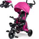 RIDYEE 7-in-1 Folding Toddler Tricycle for 18 Months to 5 Years, Tricycle Stroller with Dual Brakes, All-Terrian Rubber Tire, Tricycle for Toddlers with Rotatable Seat, Adjustable Push Handle, Pink, 43 inches x 19 inches x 40.5 inches