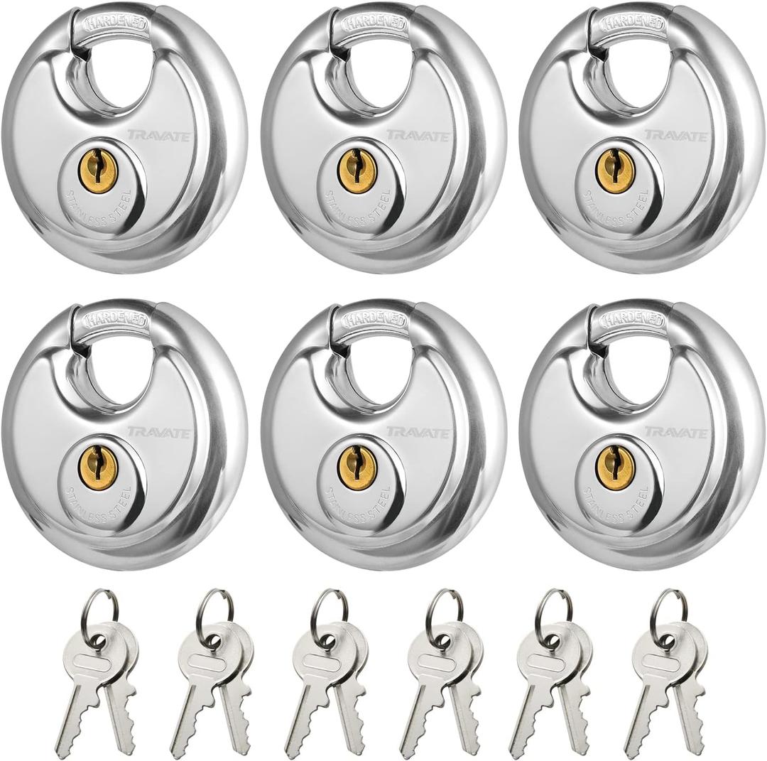 Keyed Alike Disc Padlock, 6PCS Stainless Steel Discus Lock with 2-3/4 in. Wide, 3/8 in. Diameter Shackle, Waterproof Discus Lock for Storage Unit, Sheds, Garages and Fence
