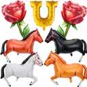 7PCS Run for the Roses Horse Balloon/Kentucky Derby Day Party Decor with Horse Rose Bouquet Gold Horseshoe/Equestrian Race Birthday Party/Girls' Horseback Riding Theme Party/Afternoon Tea Party