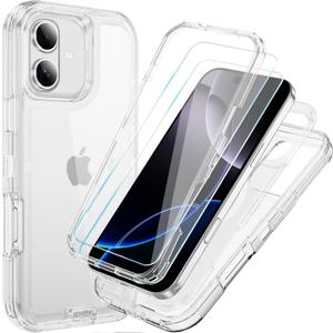 2 x Compatible with iPhone 16 Plus Case with HD Screen Protector, Heavy Duty Shockproof [3 in 1] Clear Phone Cases for iPhone 16 Plus 6.7" (Clear)