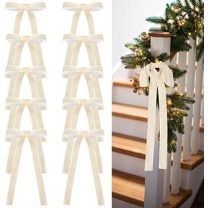 24 Pcs Velvet Bows Christmas Tree Ornaments Vintage Velvet Ribbon Bows for Tree Garland Wreath Indoor Xmas Decorations(9 x 13 Inch, Width of 1",Beige)