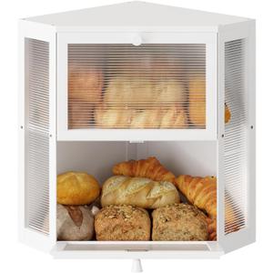 WOWLIVE Corner Bread Box for Kitchen Countertop, Double Layer Bamboo Bread Storage Container, Large Farmhouse Bread box with Acrylic Wavy Door Panel, Under Cabinet Organizer (White, Extra Large)