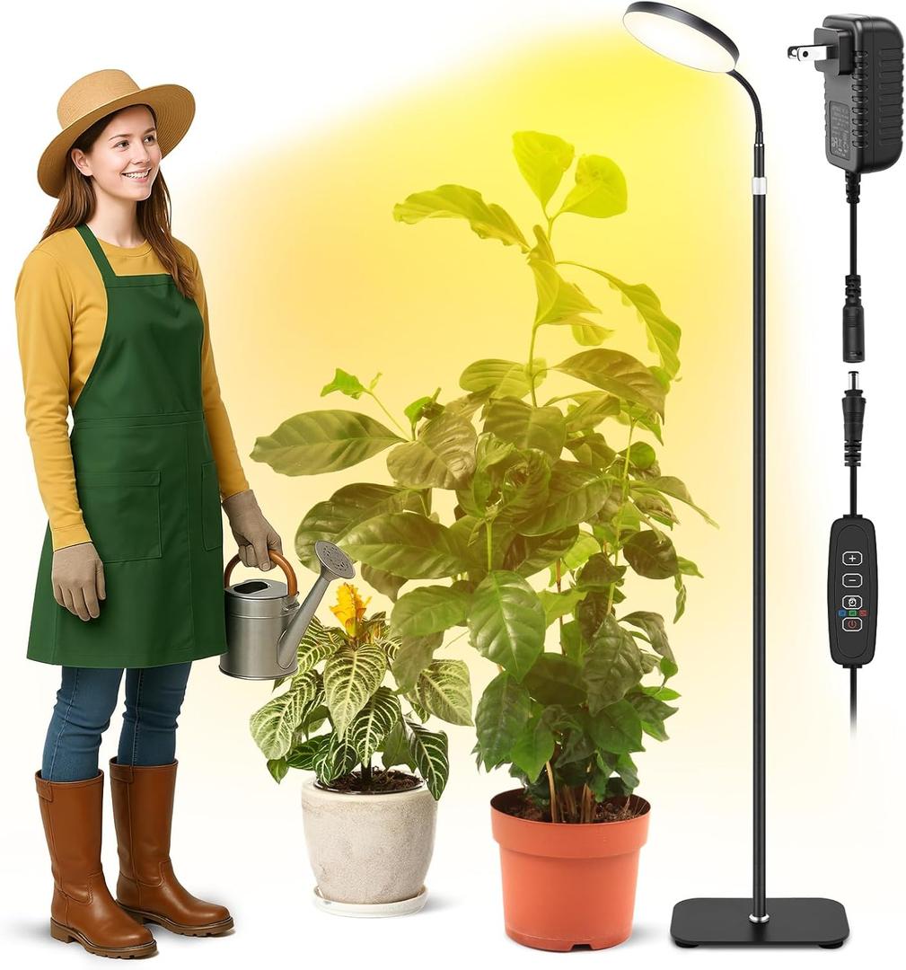 Grow Light for Indoor Plants, 20W Full Spectrum Plant Lamp with Height Adjustable Stand, 3/9/12H Auto Timer, 10 Dimmable Levels, 96 LEDs Sunlike Floor Lamp for Small to Tall Houseplants