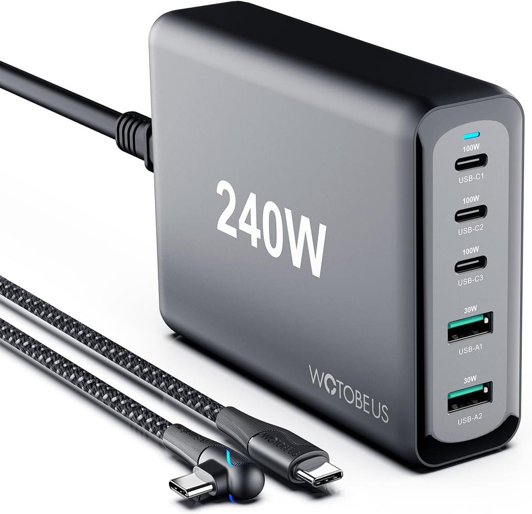 WOTOBEUS 240W 5-Ports USB C GaN Charger with ETL, PD 100W PPS45W Super Fast Charging Station & 5A Cable & AC Cord for iPhone 17 16 15 iPad MacBook Pro Air Galaxy S25 S24 Ultra Pixel Type-C Laptop