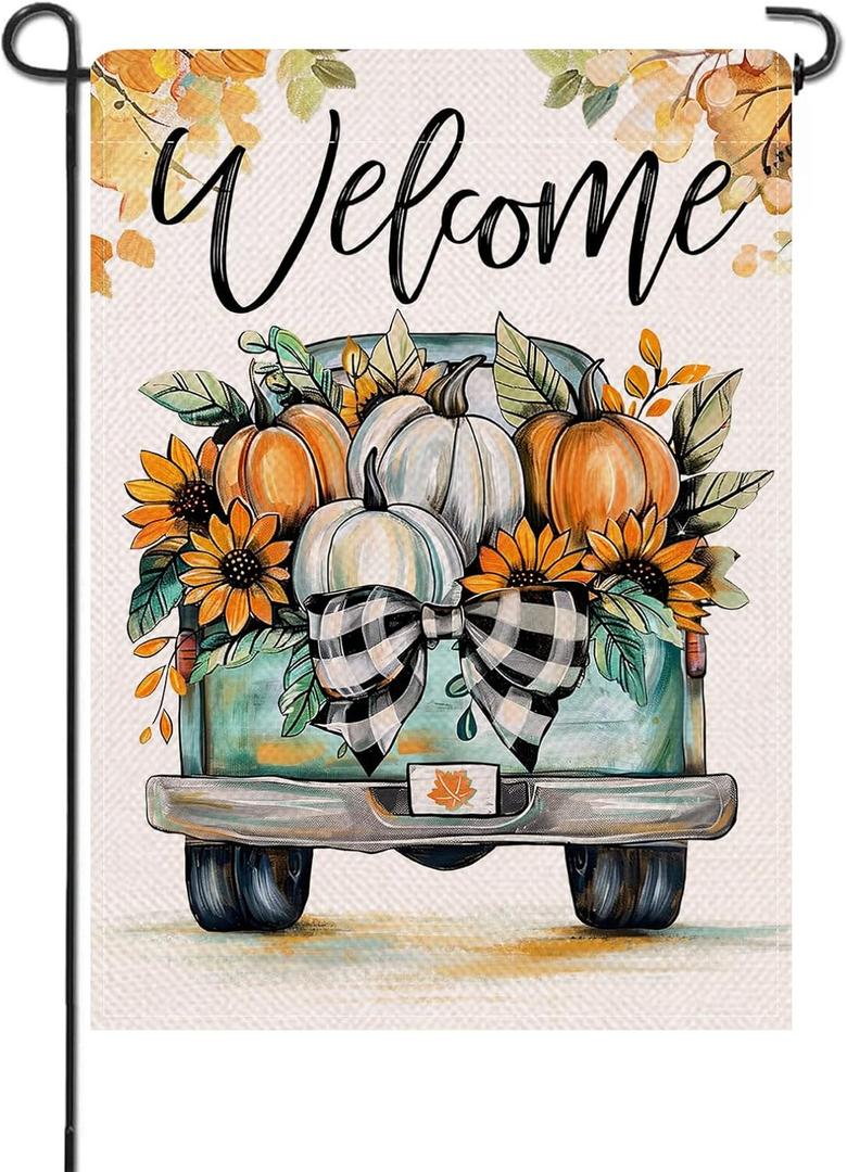 Artofy Welcome Fall Pumpkin Small Decorative Garden Flag, Autumn Thanksgiving Harvest Season Teal Truck Yard Lawn Outside Decor, Sunflower Leaves Burlap Outdoor Home Decoration Double Sided 12 x 18