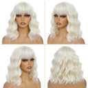 Platinum Blonde Wigs for Women 14 Inch Wavy Bob Wig with Bangs Natural Looking Synthetic Wigs for Daily Party Cosplay Use