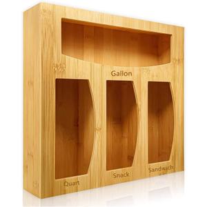 Bamboo Food Bag Storage Organizer for Kitchen Drawer, Baggie Holder for Solimo, Glad, Hefty Gallon, Quart, Sandwich and Snack Variety Size Bags (1 Box 4 Slots)