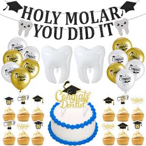 Colingmill 30 Pcs Dentist Graduation Party Decor 2026 Congrats RDH Dental Graduation Kit with Pull Flags Cake Sticks Tooth Balloon White Ribbon for Dental Student Future Dentist Party Supplies