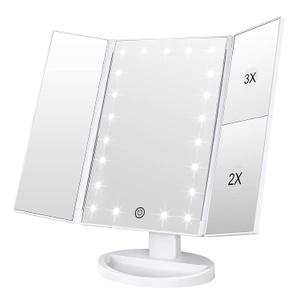 WEILY Makeup Mirror with 21 LED Lights, Two Power Supply Modes, Adjustable Touch Screen and 1x/2x/3x Magnification Tri-Fold Vanity Mirror, Chargeable Travel Cosmetic Mirror for Desktop (White)